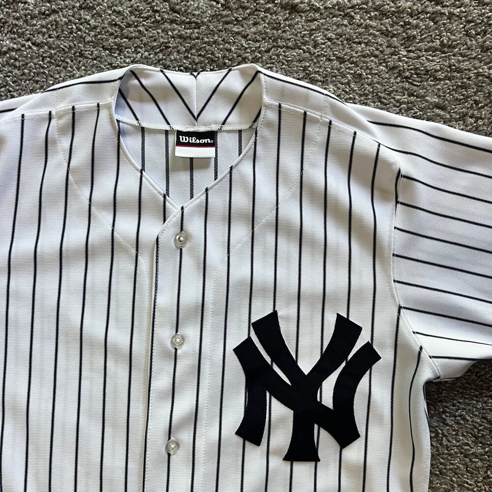 Vintage 90s Wilson New York Yankees Baseball Jersey Pinstripe White Black Sz 36 - Picture 3 of 8